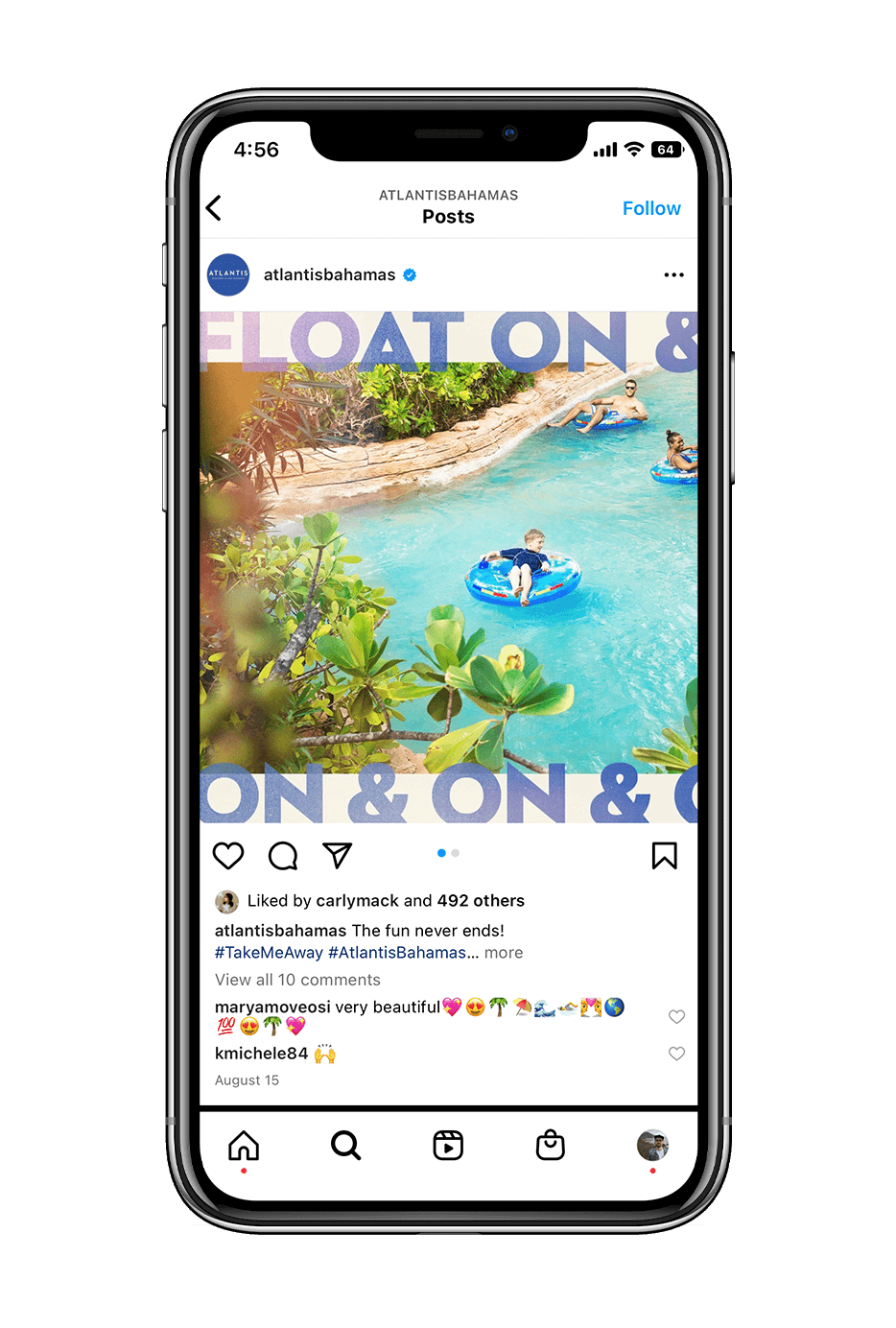 Mockup of iphone showing an example of an Atlantis Bahamas instagram post. The post reads 