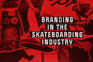 red graphic with black skateboarding image featuring the text branding in the skateboarding industry