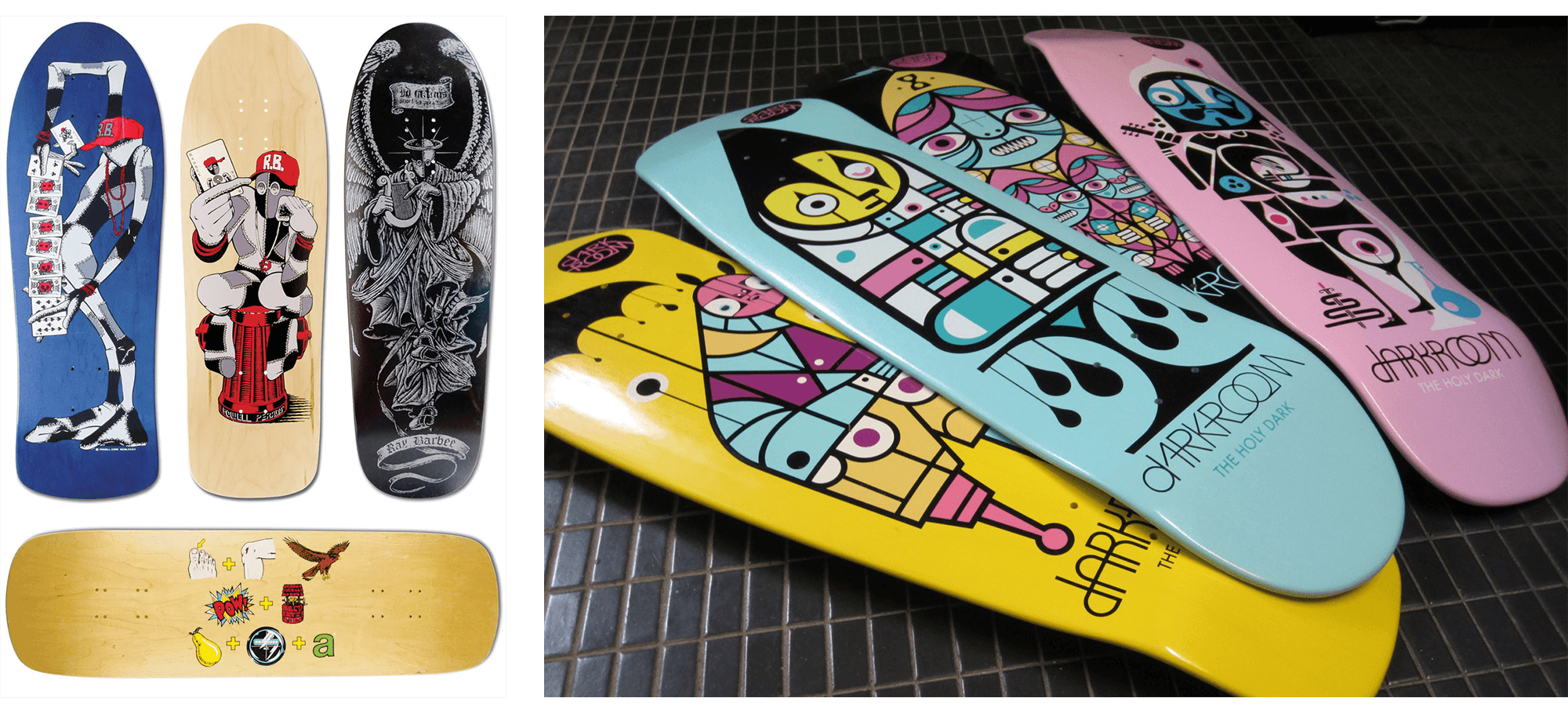 Skateboards with Sean Cliver skateboard artwork and skateboards with Don Pendleton artwork