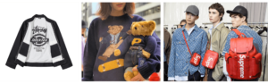 three images of skateboard and fashion brand collaborations featuring clothing, a teddy bear and backpacks