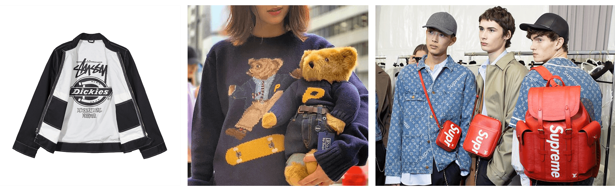 three images of skateboard and fashion brand collaborations featuring clothing, a teddy bear and backpacks