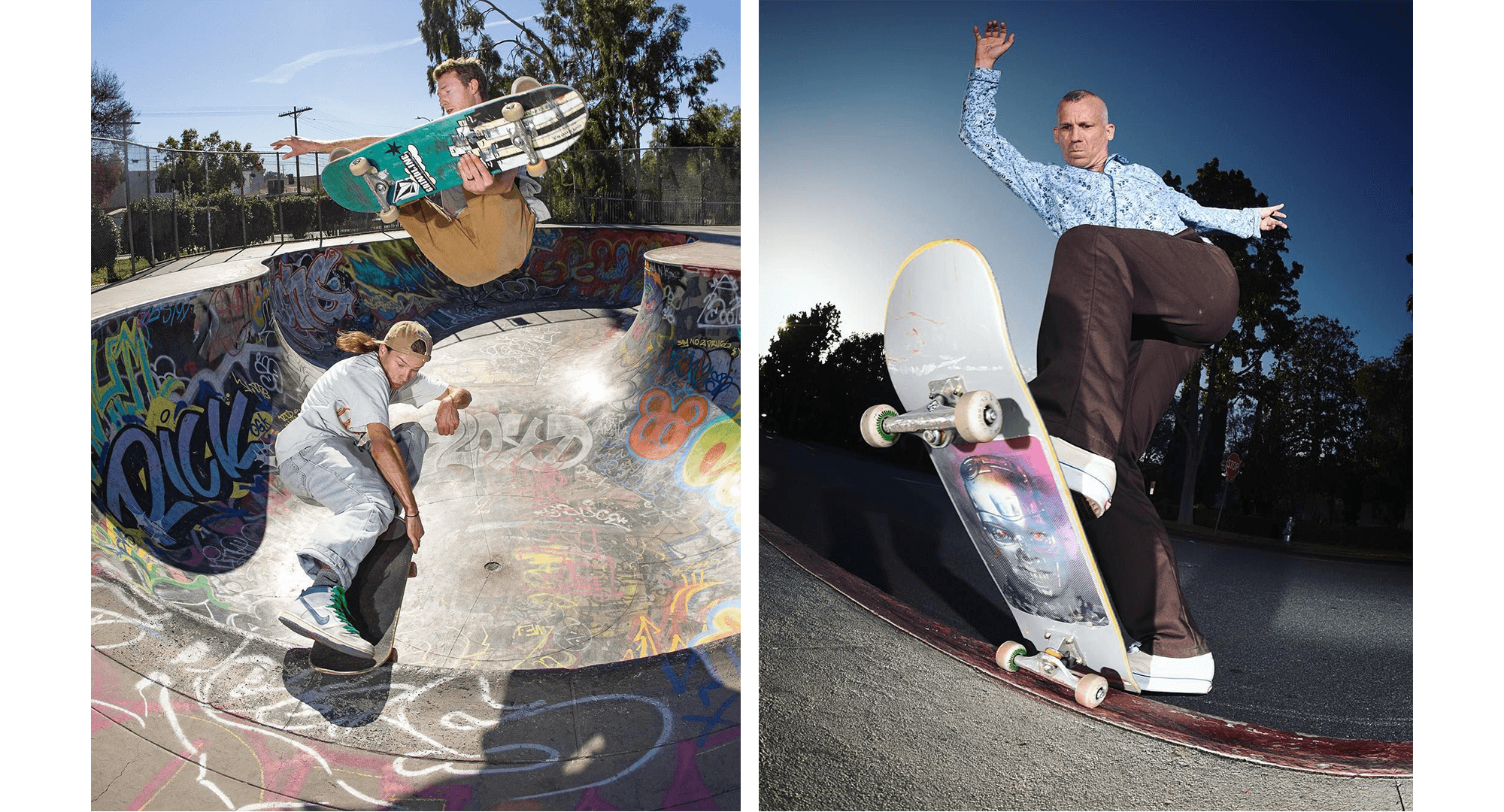 photo of Oskar Rozenberg for Thrasher Magazine and photo of Jason Dill doing a back heel skateboard trick by Michael Schmelling
