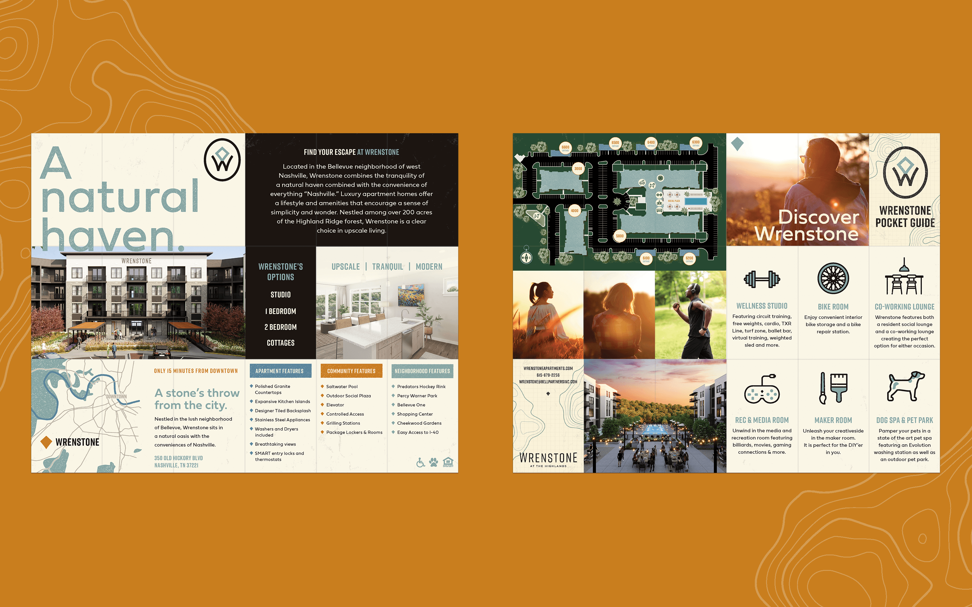 Wrenstone multi fold brochure open on an orange background