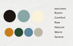 Wrenstone color palette and brand attributes on a stone background