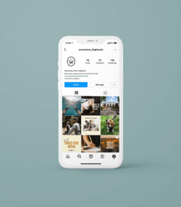 Wrenstone social media mock up on white iphone Instagram page on teal background