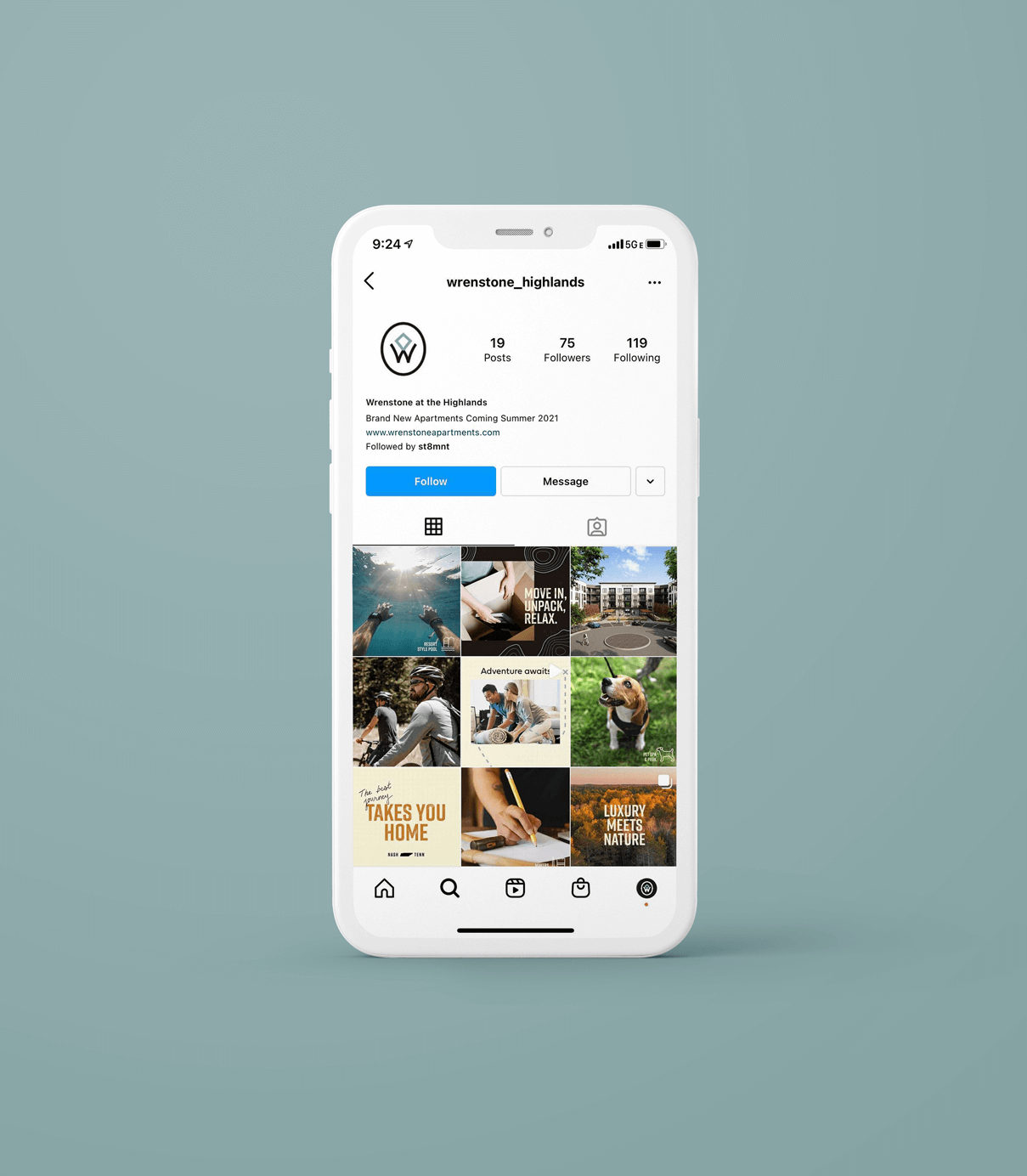 Wrenstone social media mock up on white iphone Instagram page on teal background