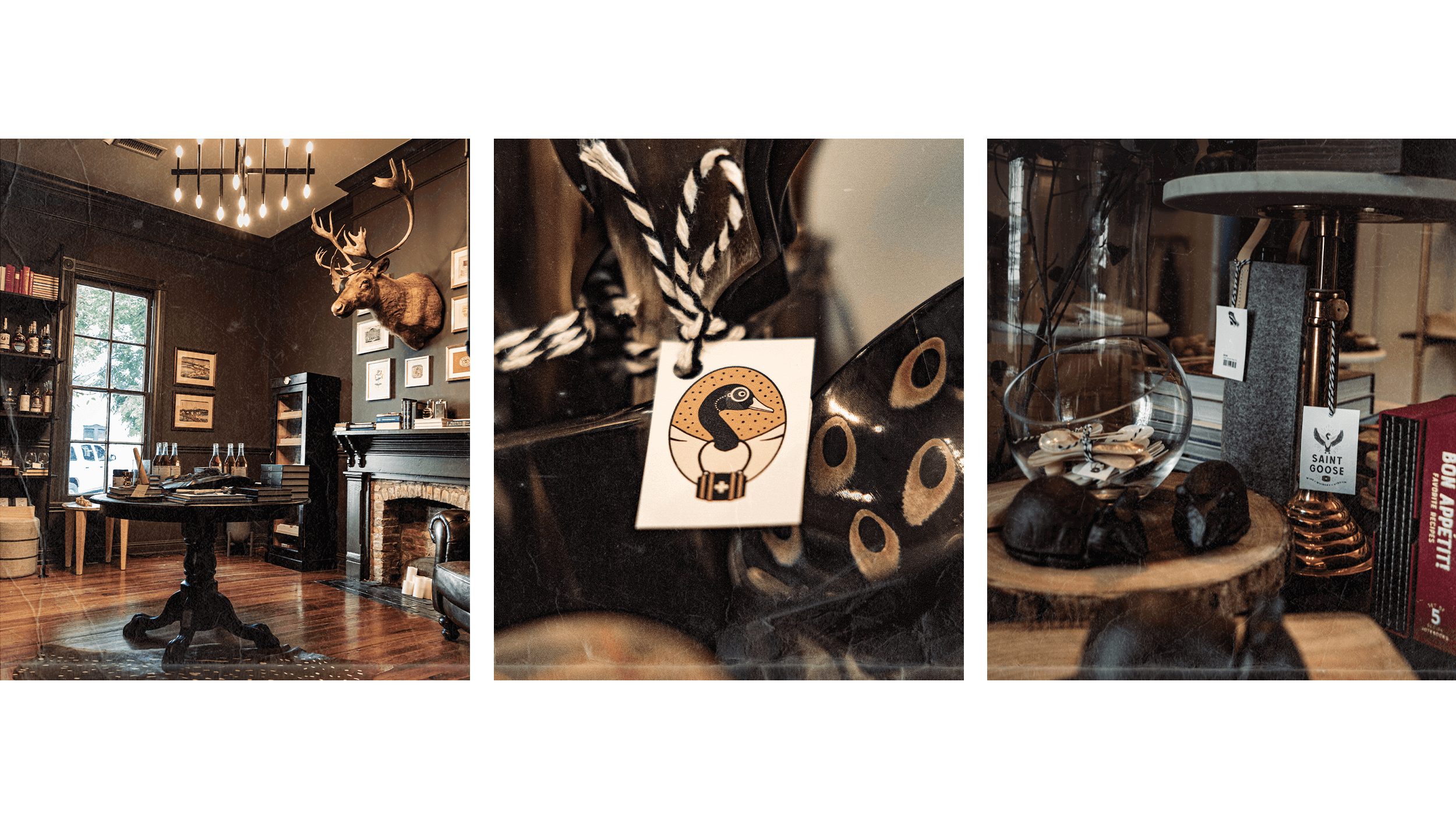 images of inside Saint Goose wine shop featuring tag designs