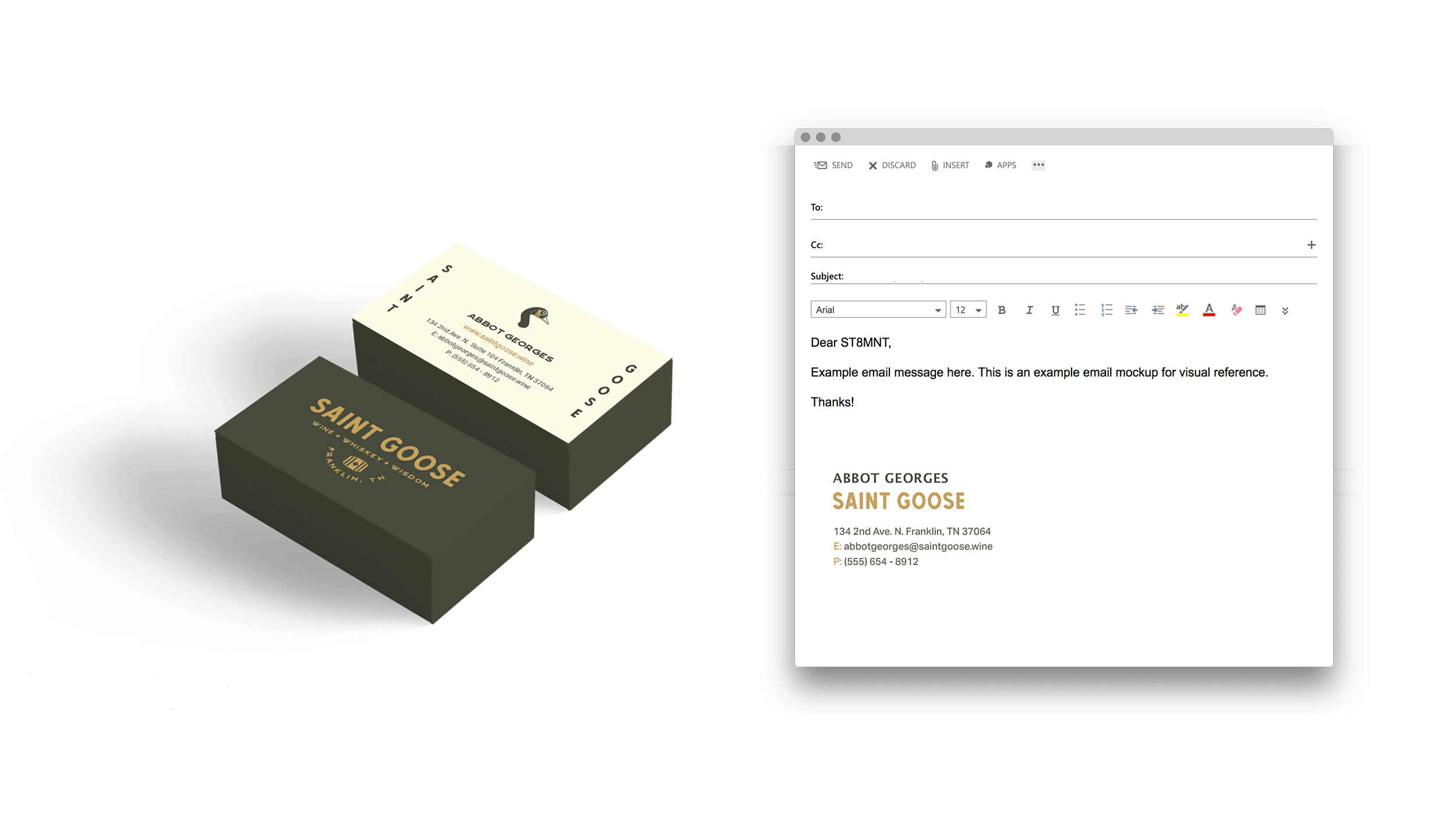 Saint Goose business card mockup on left and digital signature on right