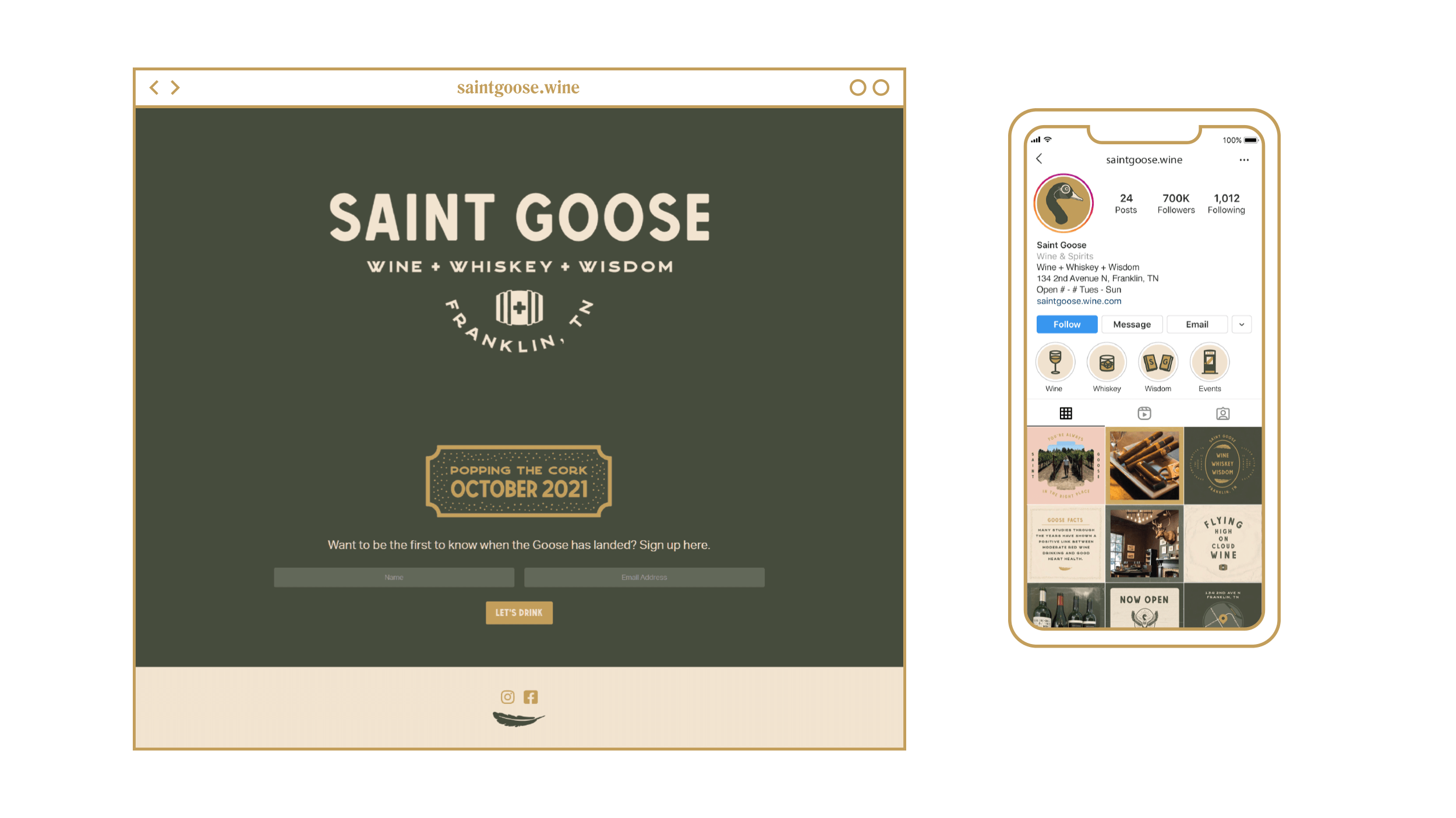 Saint Goose mockups of landing page on left and social grid on right