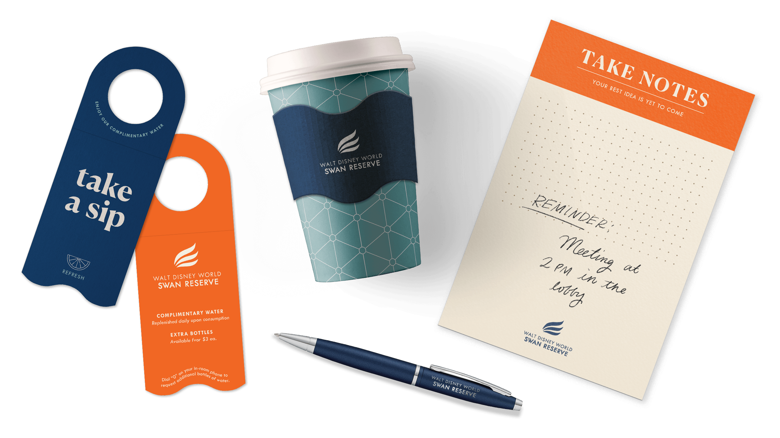 DSR collateral mockups with branded coffee cup and notepad