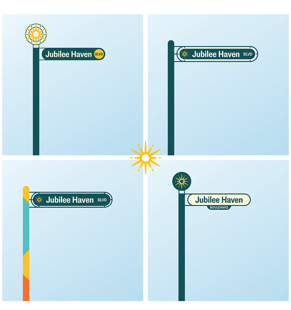 Layout of 4 different street sign designs for Jubilee