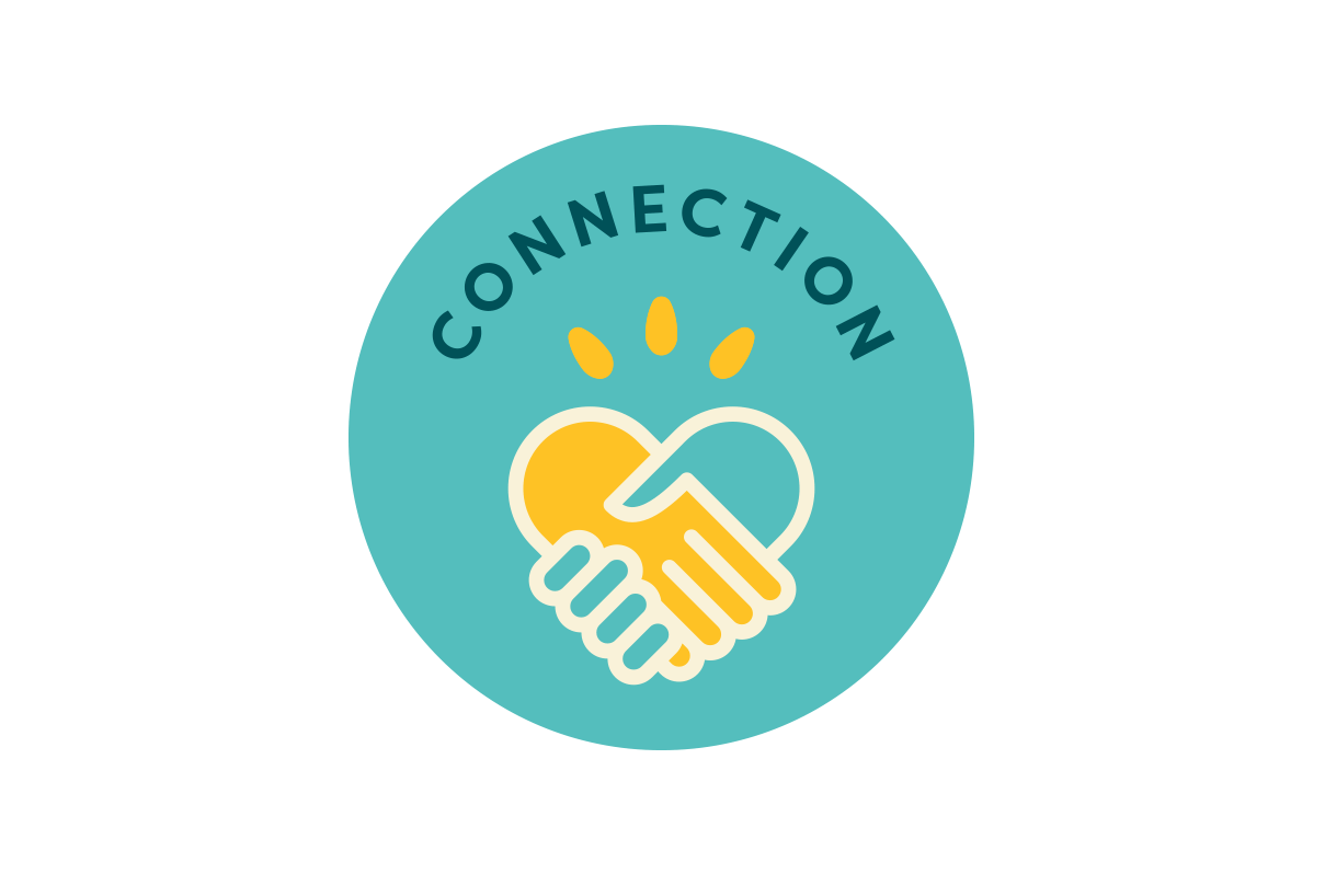 Connect Badge (yellow and teal hand reading 