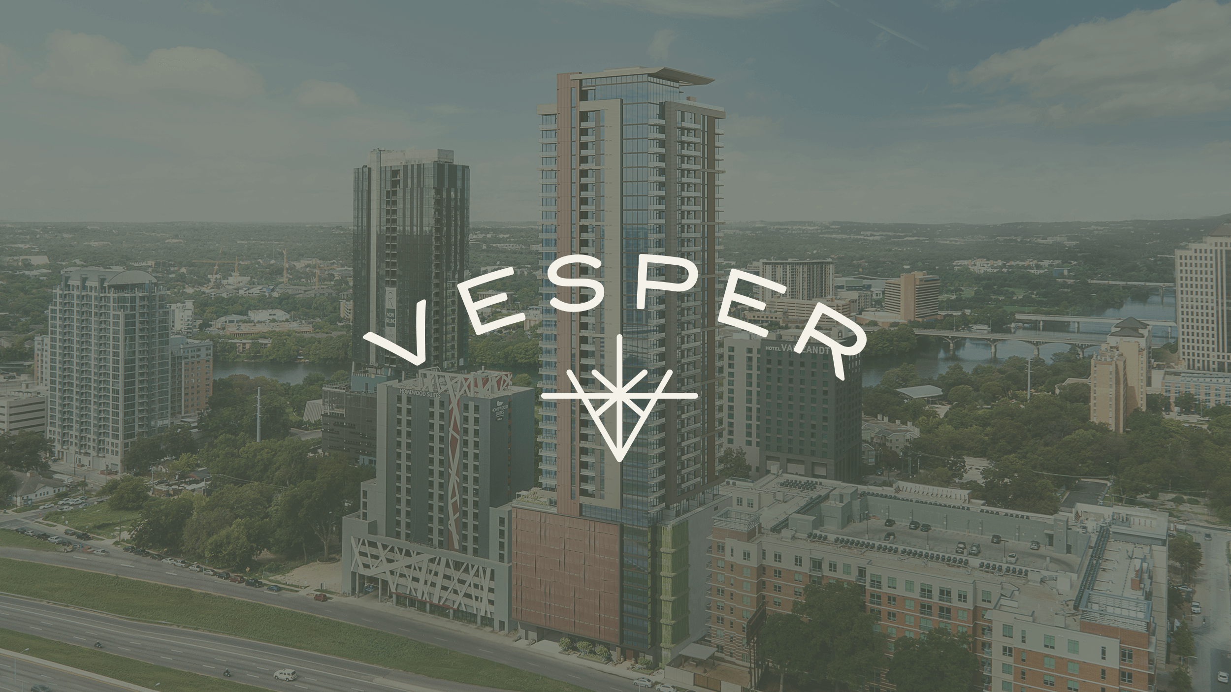 Vesper logo on green background with render of the building
