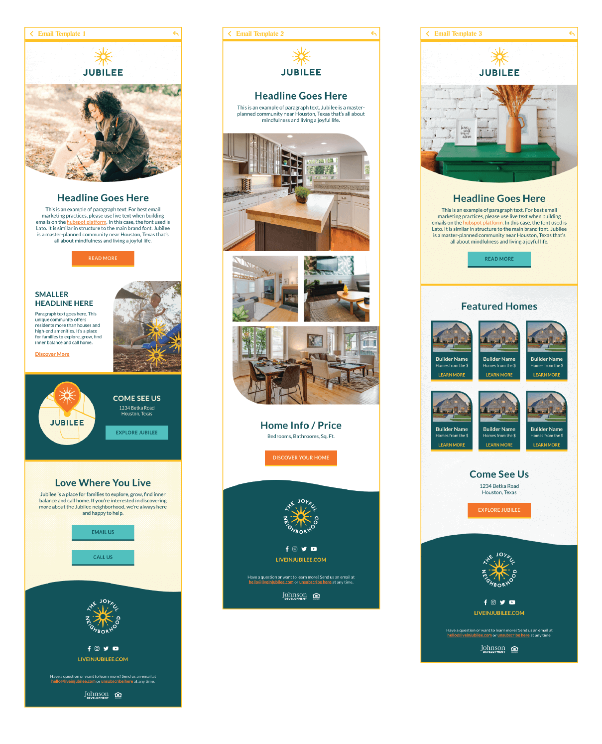 Linework mockups showing the 3 email template designs