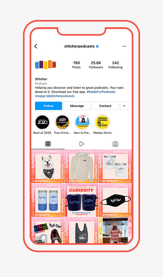 Mobile mockup of Stitcher Instagram feed showcasing grid of posts with Getting Curious brand campaign merch