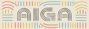 Graphic with text "AIGA" with lines going various directions along all sides