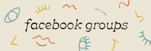 Graphic with text "Facebook Groups" with simple illustrations of eyes, noses, and lips