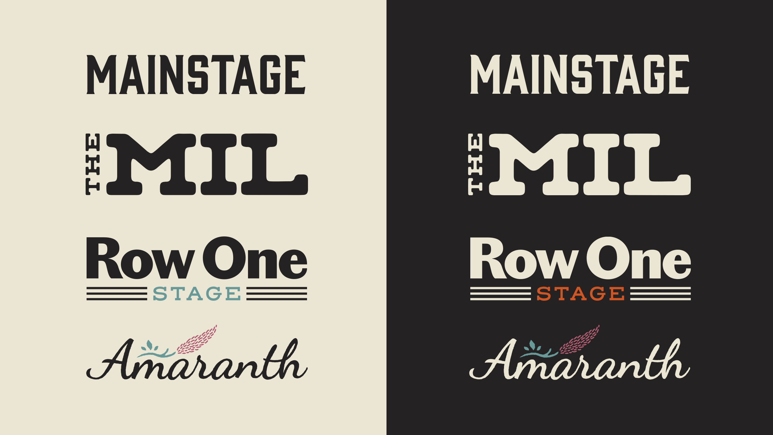 Stage logo lockups for MainStage, The Mil, Row One Stage, and Amaranth at Cannery Hall