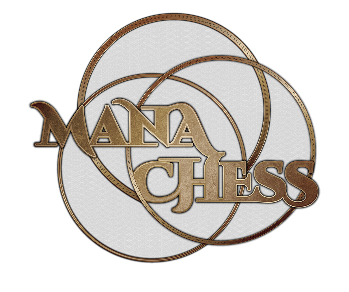Flat version of Mana Chess logo with textured gold text and 3 gold rings behind it