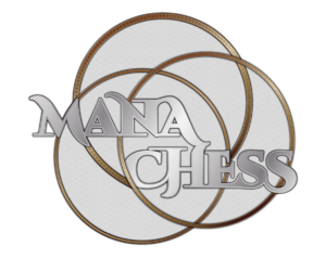 Flat version of Mana Chess logo with gradient silver text and 3 gold rings behind it