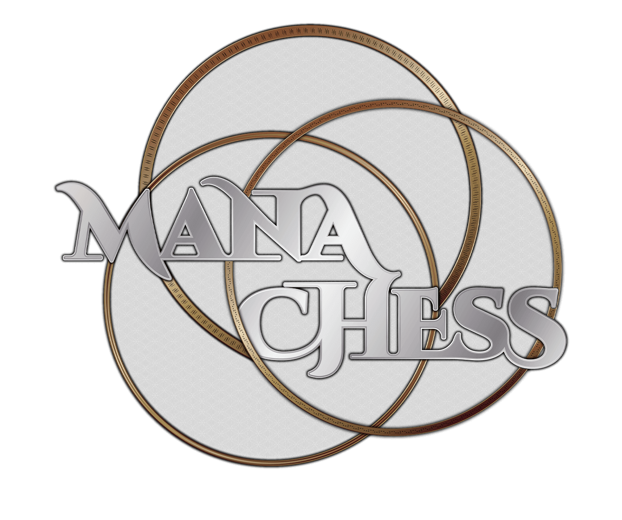 Flat version of Mana Chess logo with gradient silver text and 3 gold rings behind it