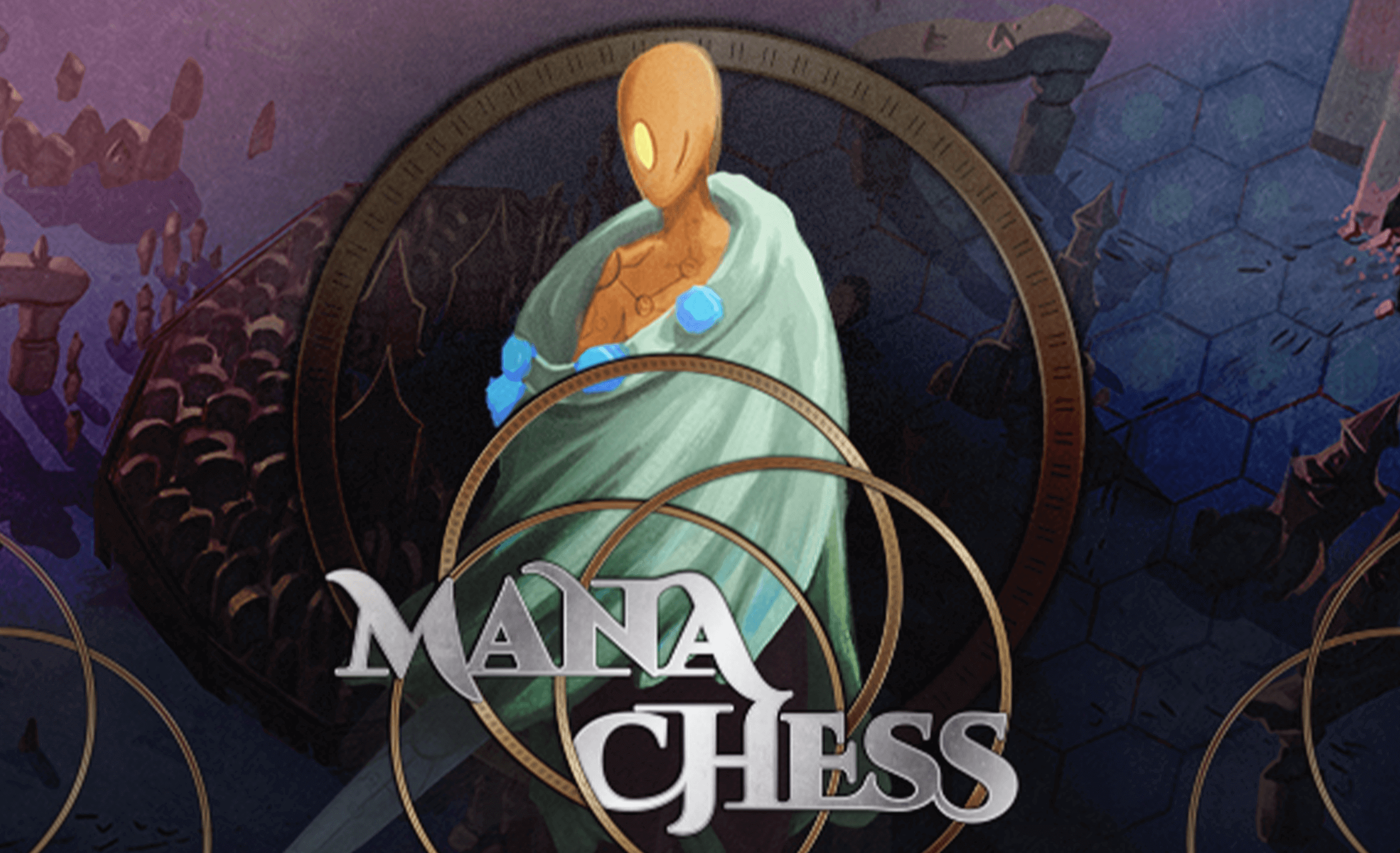 Mana Chess logo with main character illustration behind it, various gold rings are intertwined, sitting on top of an image pulled from the game itself