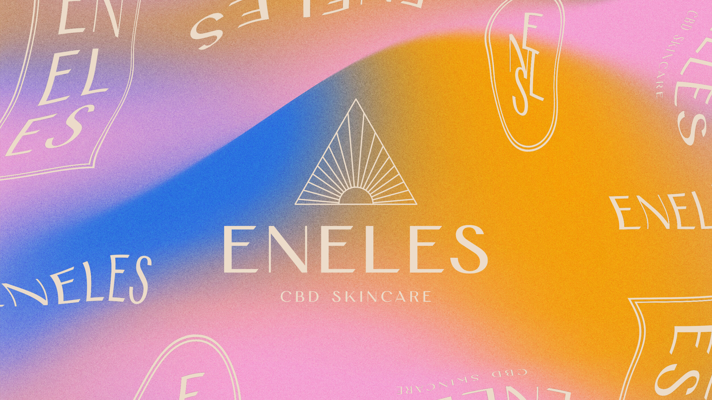 CBD Skincare brand,Eneles, logo with the additional marks warped around it on a gradient background