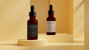 Mockups of CBD skincare tincture bottles with branded labels, sitting on various stands with yellow background
