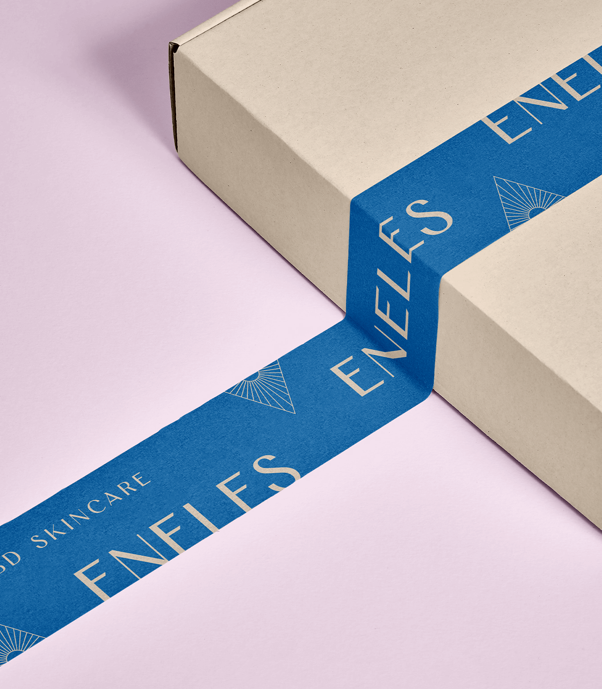 Branded tape on box mockup with logos and icons on blue background