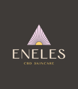 CBD Skincare brand, Eneles, main logo in tan, yellow, and lavender on a charcoal background