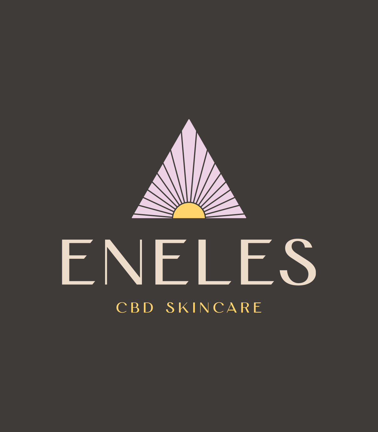 CBD Skincare brand, Eneles, main logo in tan, yellow, and lavender on a charcoal background