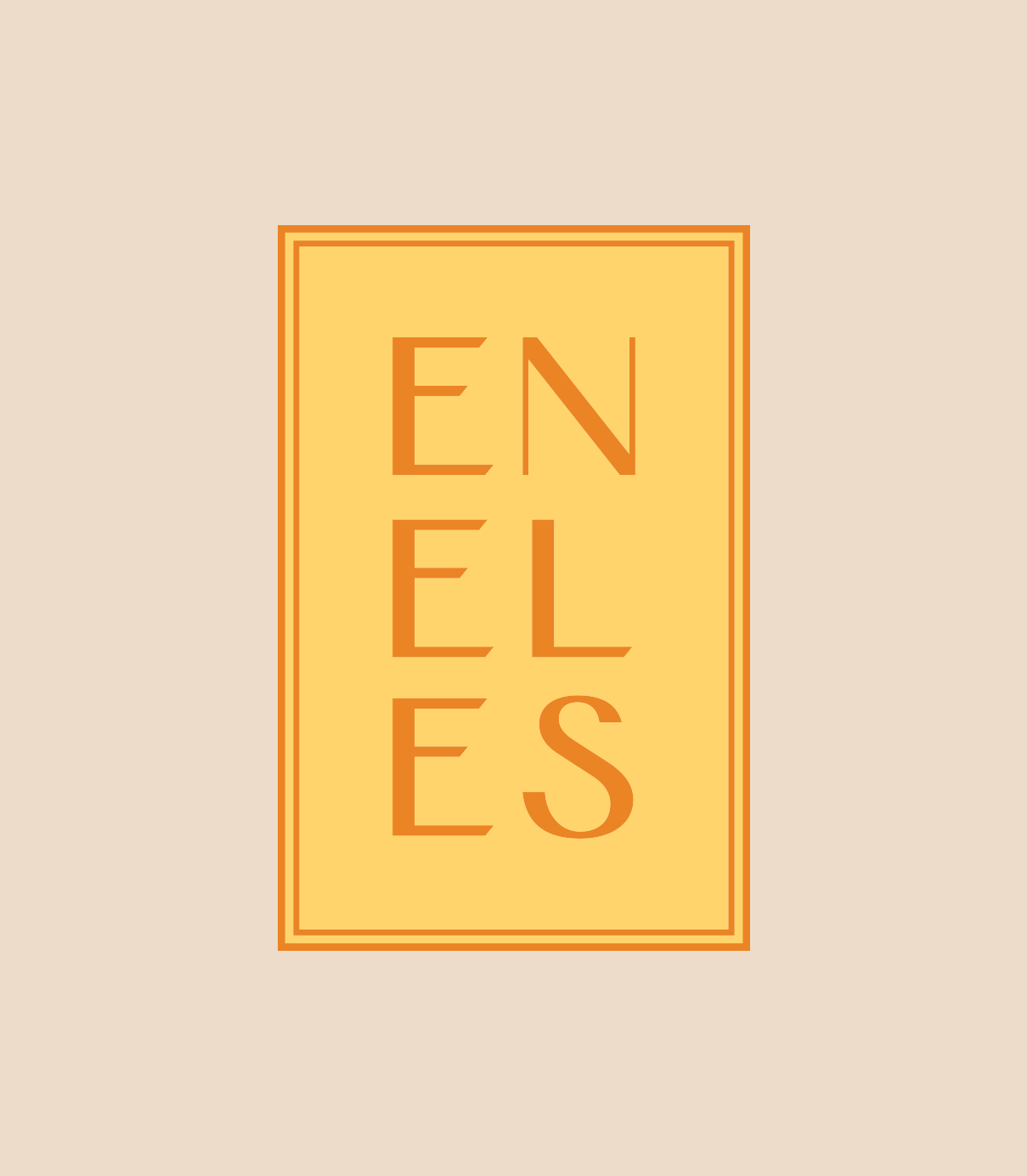 Eneles rectangle badge in yellow and orange on tan background