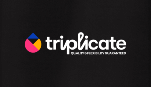 Triplicate logo with tagline on black textured background