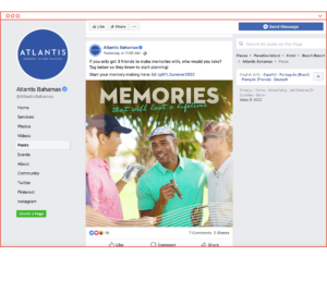 Wireframe mockup of web browser with screenshot of Atlantis Bahamas Facebook page showing designed ad