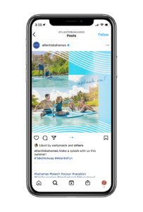 Mockup of iphone showing an example of an Atlantis Bahamas instagram post. The post reads "splash on!"