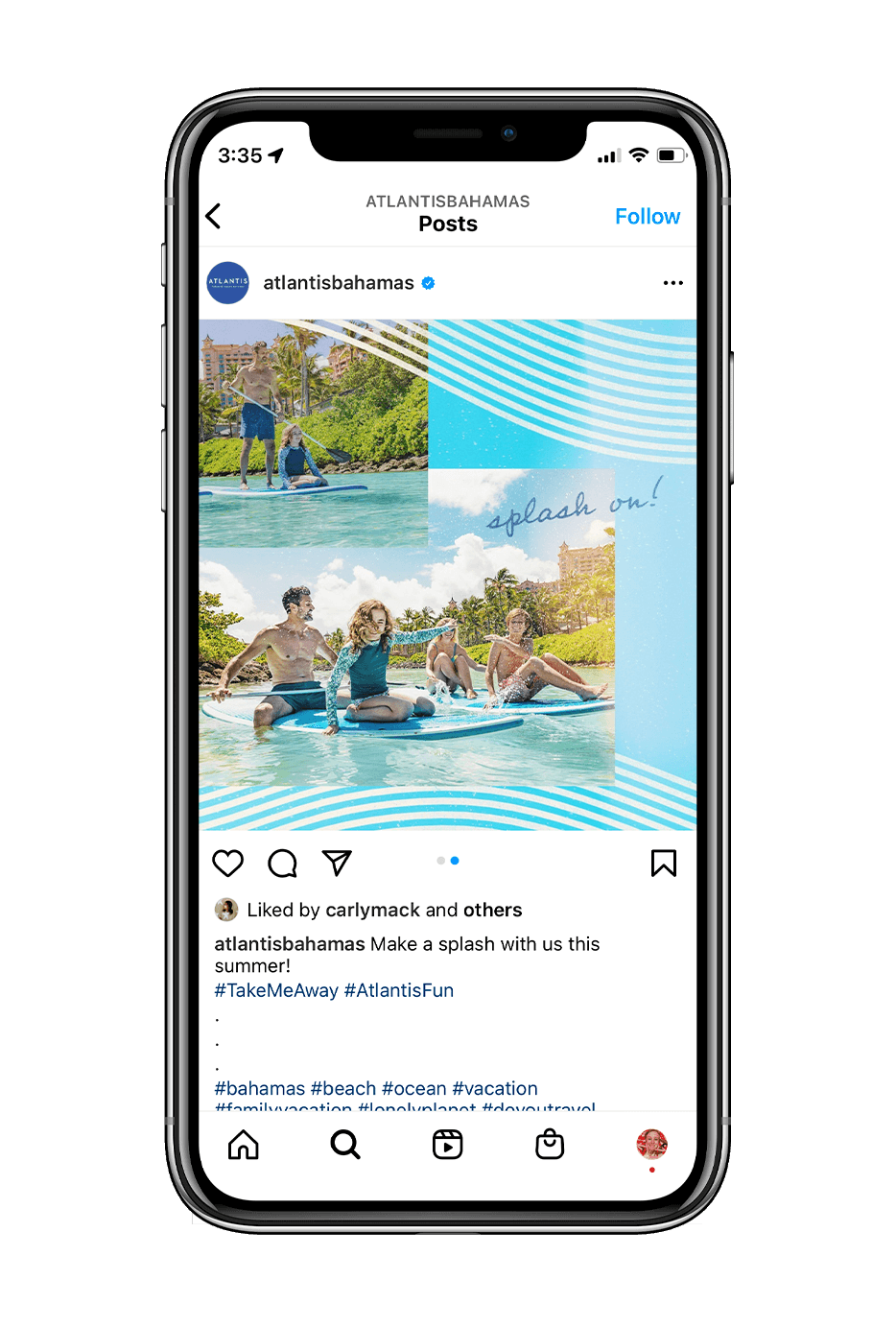 Mockup of iphone showing an example of an Atlantis Bahamas instagram post. The post reads 