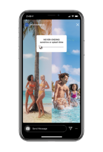 Mockup of iphone showing an example of an Atlantis Bahamas interactive instagram story. The slider sticker reads "NEVER-ENDING sunshine or splash time"