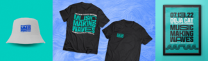 Row of 3 MMW merch items including a white "MMW" bucket hat, a black two-sided logo tee, and a poster featuring example artist name, logo, and wave pattern