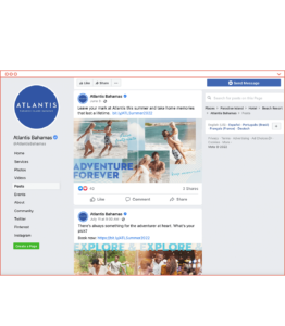 Wireframe mockup of web browser with screenshot of Atlantis Bahamas Facebook page showing designed ads