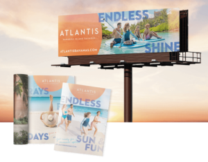 Sunset image with billboard in background, magazine mockup of print ads sit on top