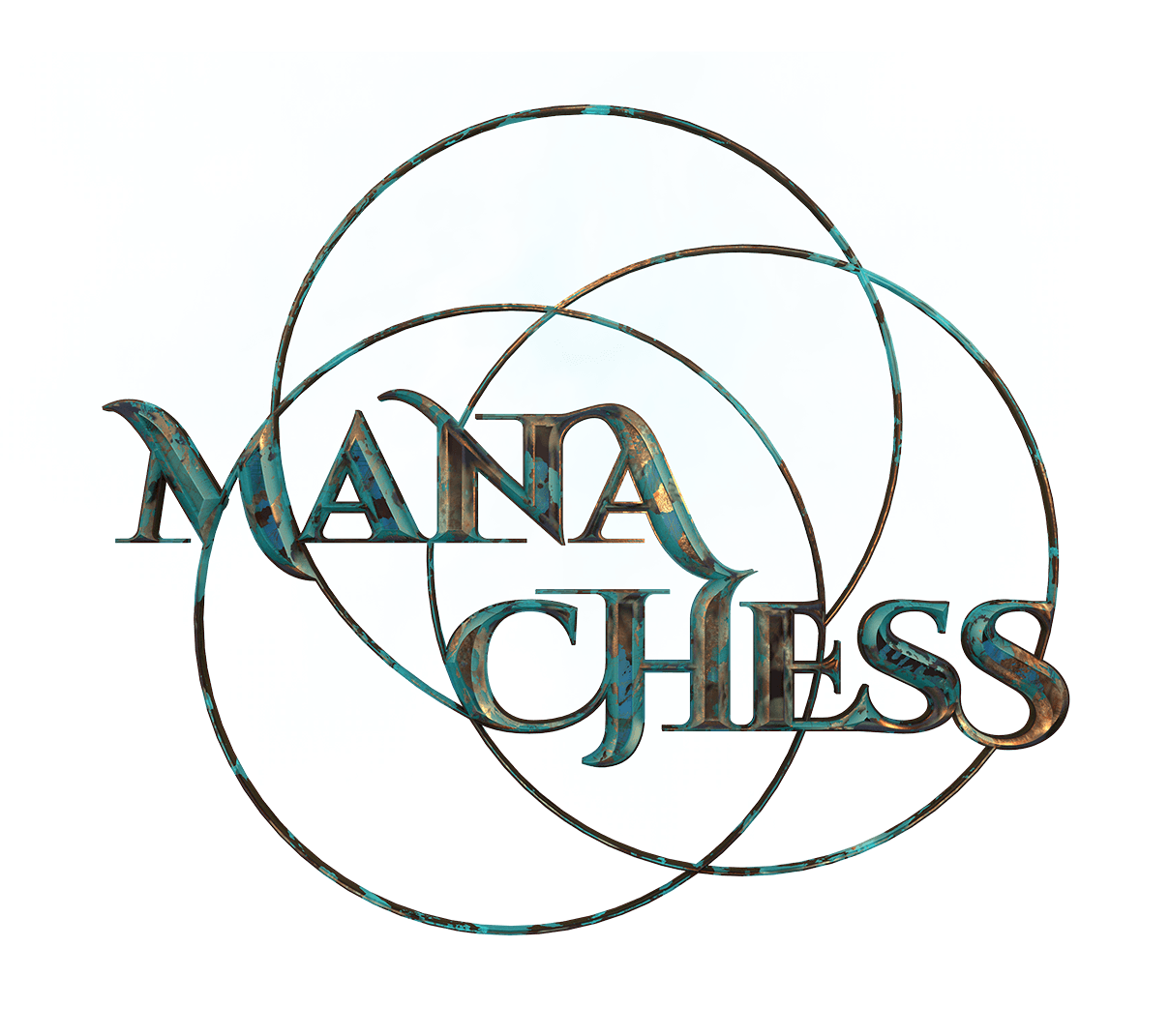 3D rendered Mana Chess logo with patina and weathering