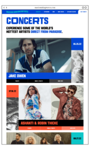 Linework mockup of Music Making waves website showing the "Concerts" page on desktop