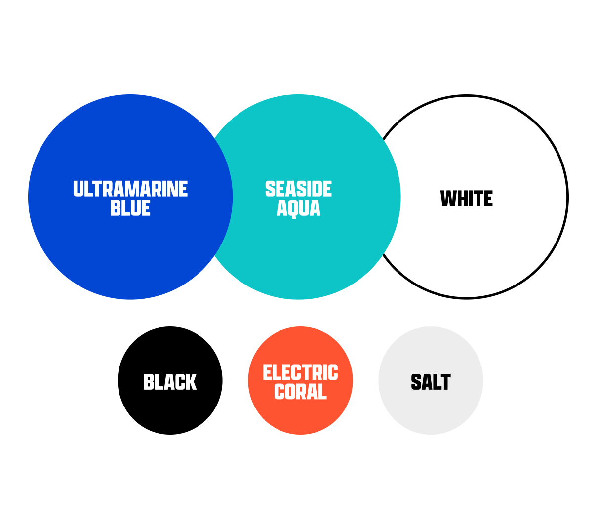 MMW brand colors, featuring a palette of 6 colors with Ultramarine Blue, Seaside Aqua, White, Black, Electric Coral, and Salt