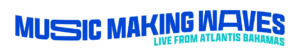 "Music Making Waves Live From Atlantis" horizontal logo with tagline, in Ultramarine Blue and Seaside Aqua