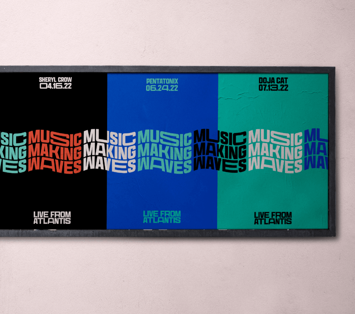 Poster mockup with line of various colored MMW logos