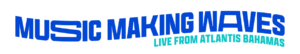 "Music Making Waves Live From Atlantis" horizontal logo with tagline, in Ultramarine Blue and Seaside Aqua