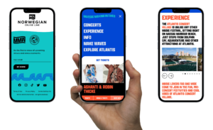 Mockup of 3 iphones with mobile website pages with a hand holding the center one, pages being shown from left to right are Home Page Footer, Concert Page with Mobile Nav, and Experience Page