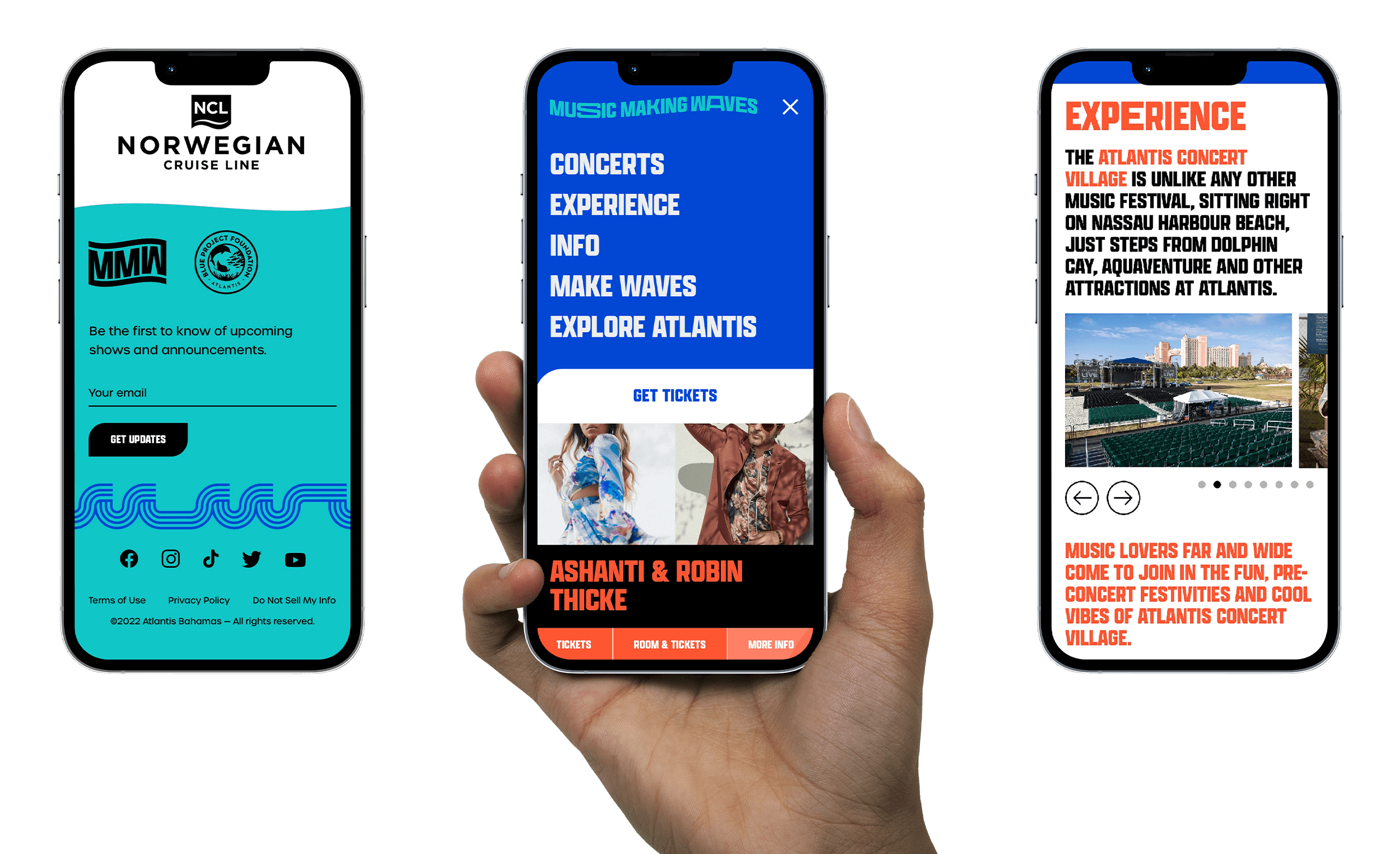 Mockup of 3 iphones with mobile website pages with a hand holding the center one, pages being shown from left to right are Home Page Footer, Concert Page with Mobile Nav, and Experience Page