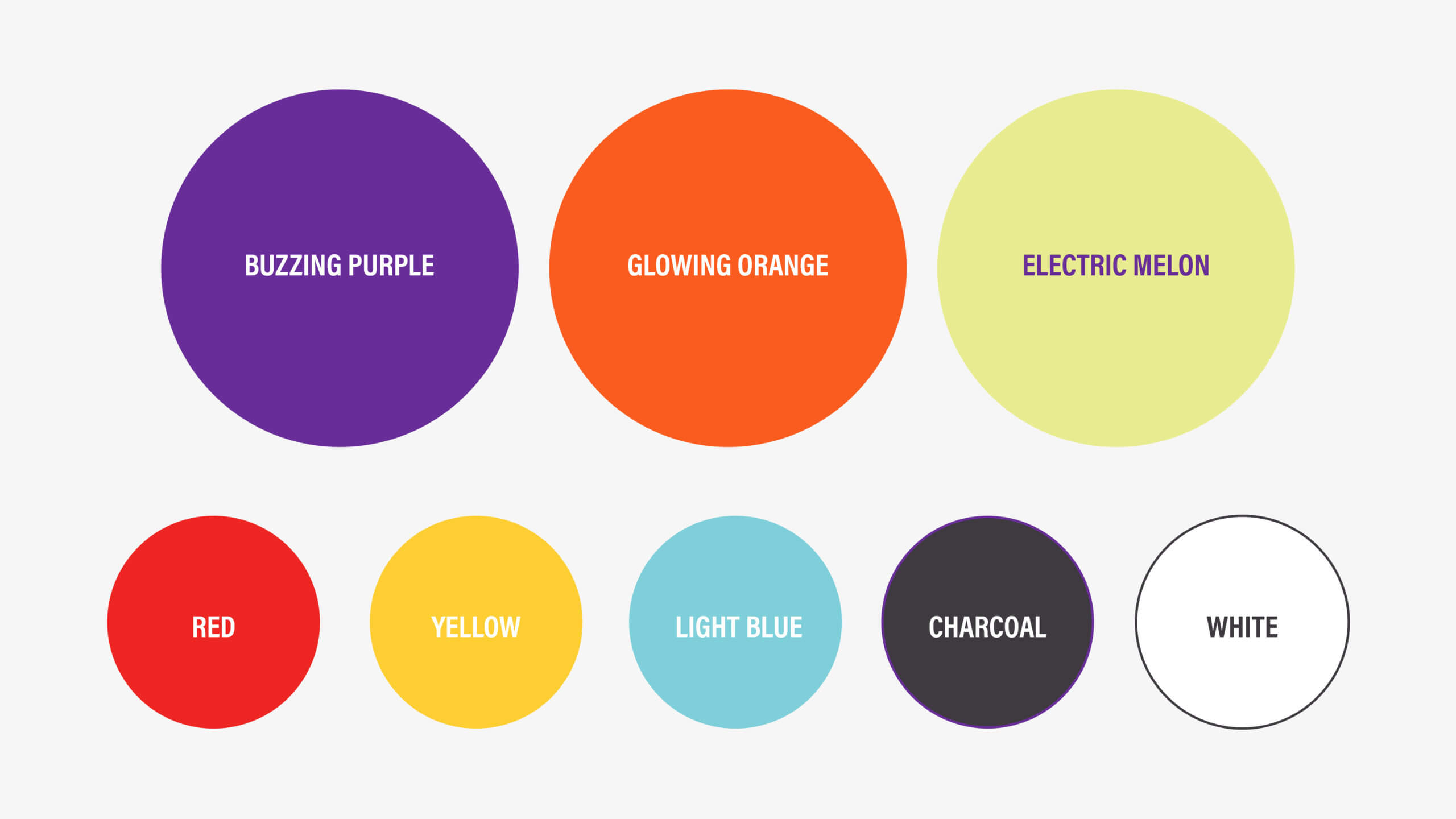 The Morning Hangover brand color palette. The main palette consists of 3 colors; Buzzing Purple, Glowing Orange, and Electric Melon. The secondary palette consists of red, yellow, light blue, charcoal, and white.