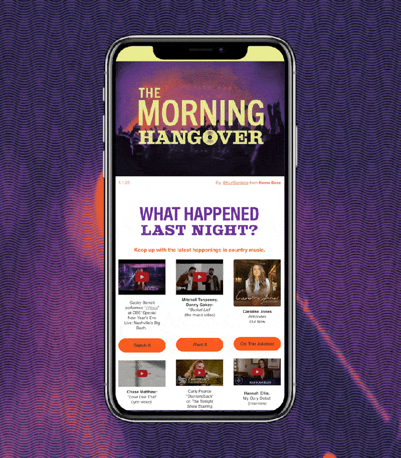 A gif of The Morning Hangover email scrolling through an iPhone against a purple and orange textured background